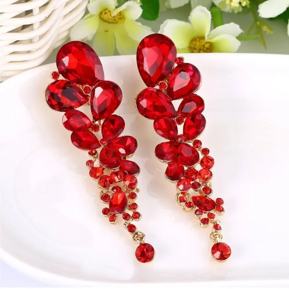 Yellow Gold with Ruby Red Austrian Crystal Chandelier Statement Clip On Earrings